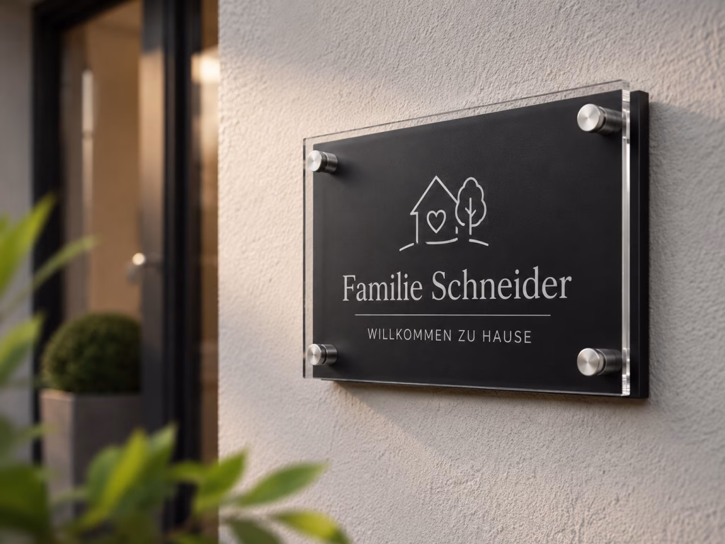 Modernes Acrylglasschild mit weißer Gravur, montiert an einer Hauswand mit Abstandshaltern.