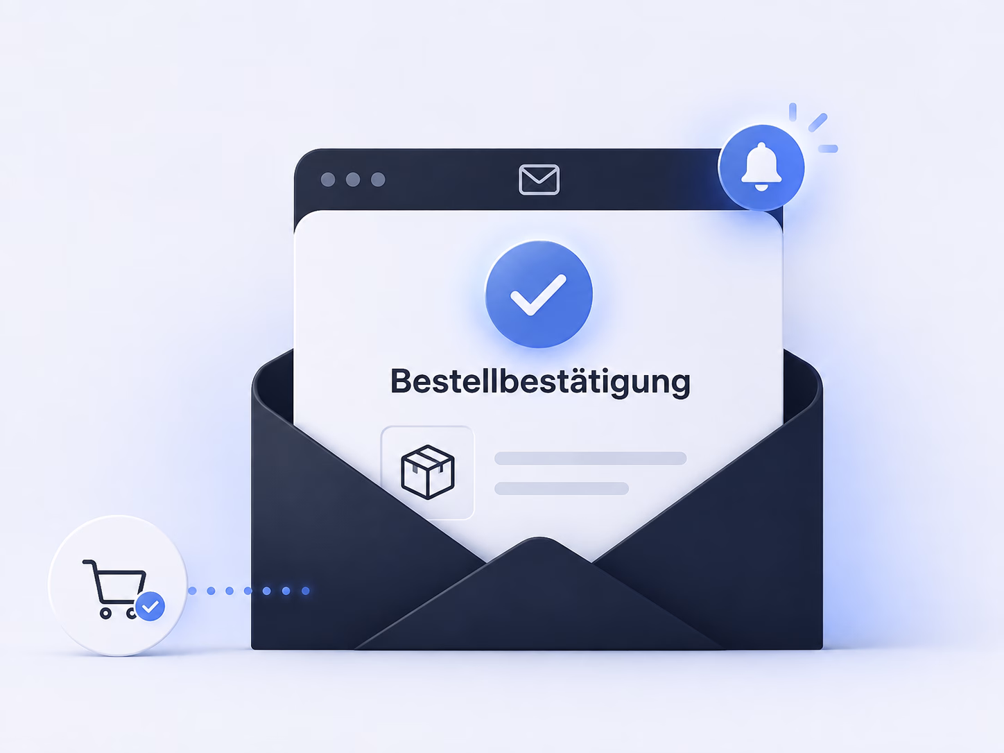 Digitale Bestellbestätigung mit Häkchen in einem geöffneten E-Mail Umschlag.