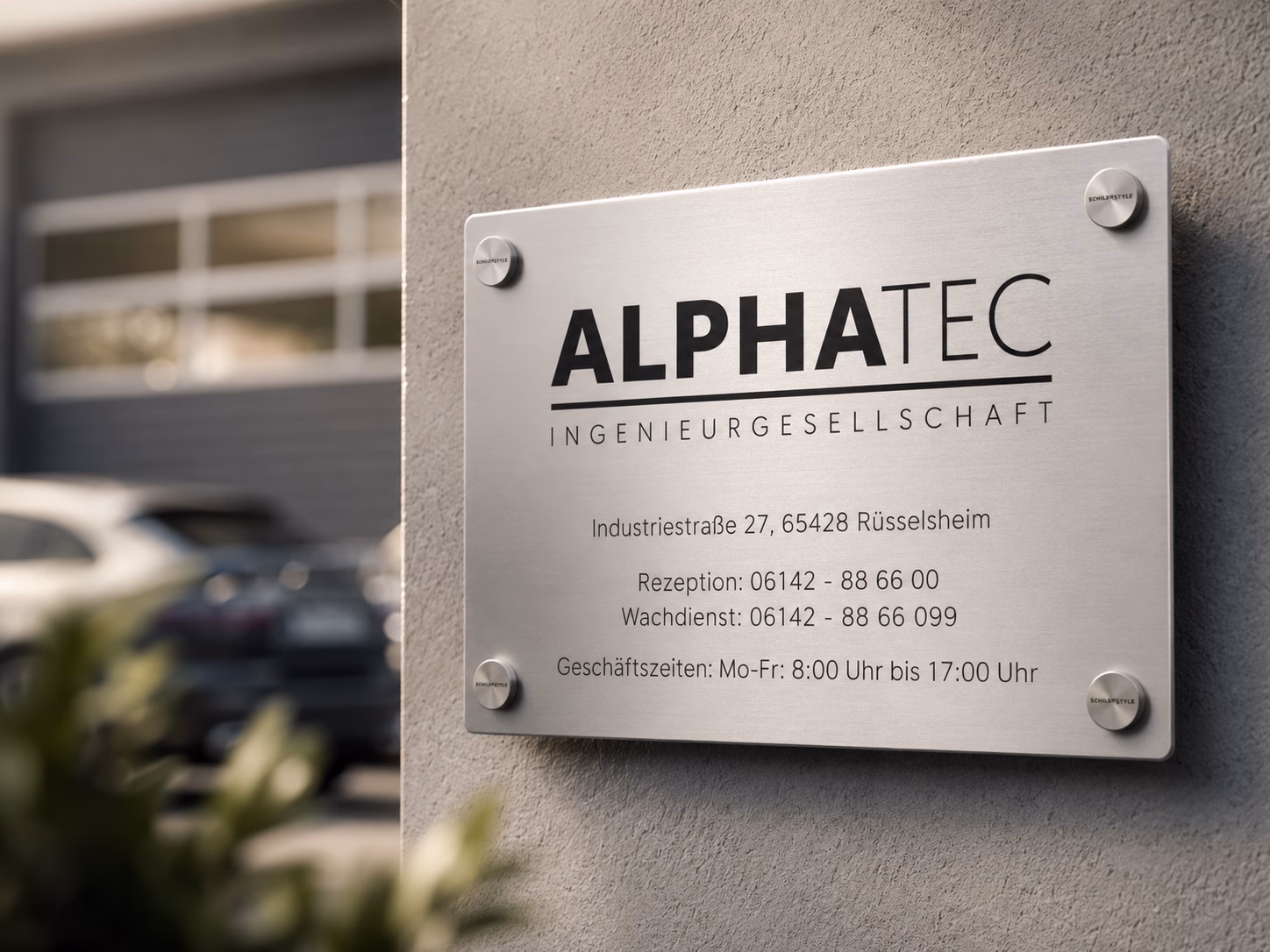 Edelstahlschild mit Firmenbeschriftung an einer Außenwand vor einem Firmengebäude.