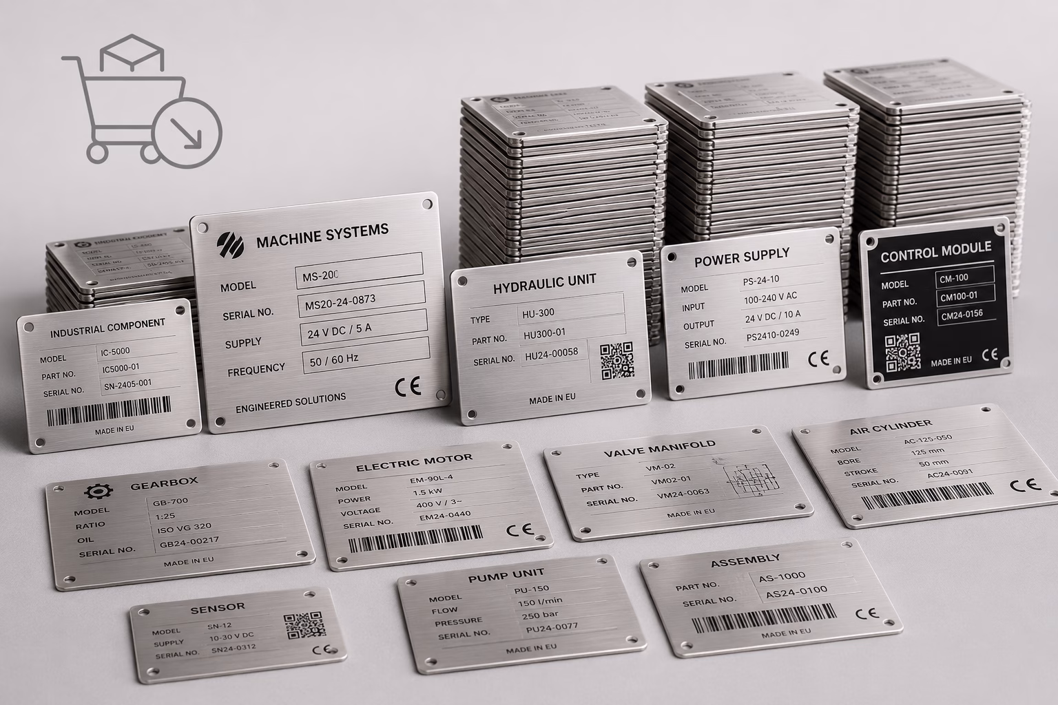 Größere Stückzahlen gravierter Metallschilder als Sinnbild für einen Mengenrabatt.