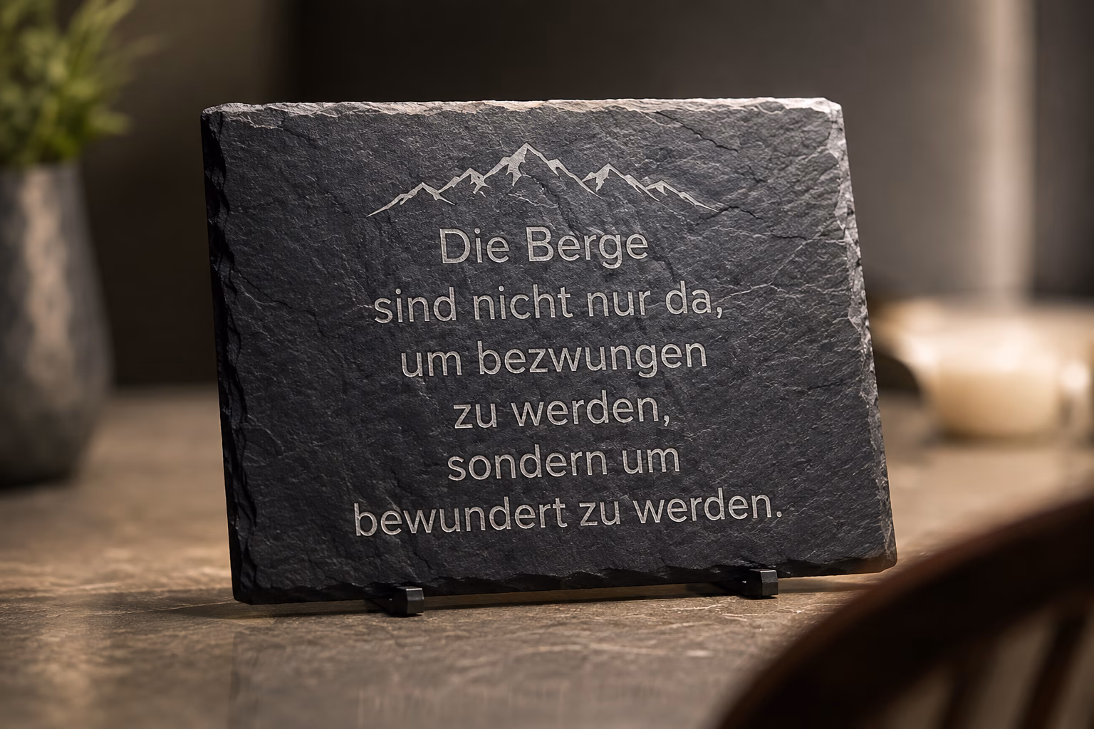 Graviertes Schieferschild mit Bergmotiv und Spruch auf einem kleinen Aufsteller.