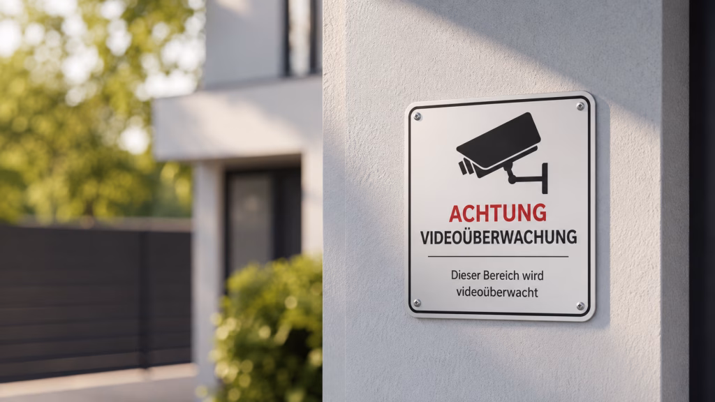Hinweisschild "Achtung Videoüberwachung an der Außenfassade eines Gebäudes.