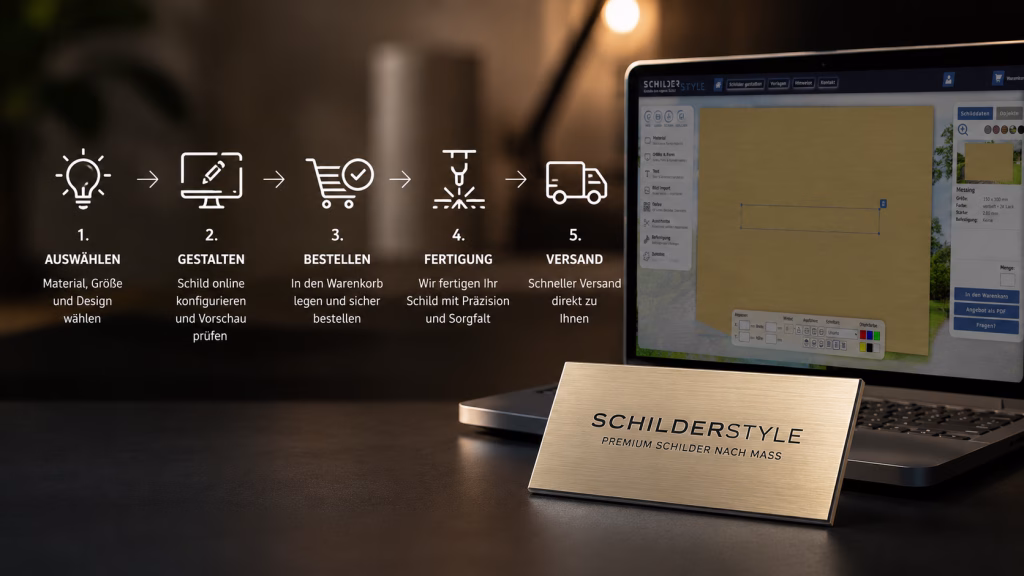 Anleitung zur Schildbestellung in fünf Schritten: Material auswählen, Schild gestalten, bestellen, fertigen lassen und versenden.