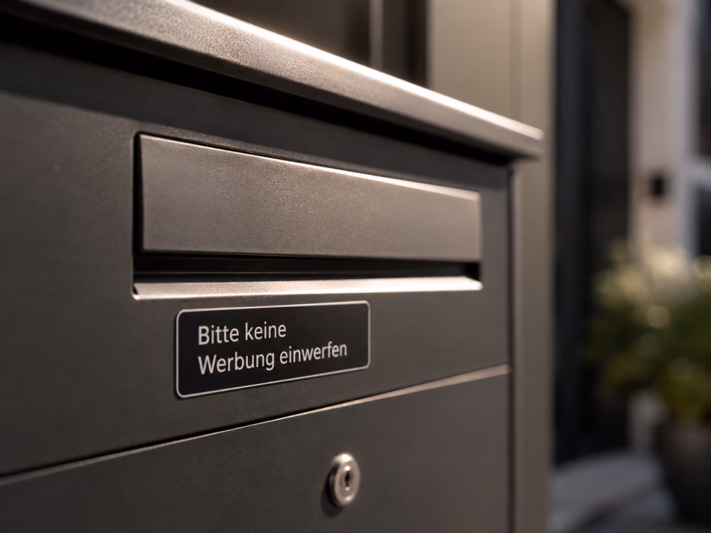 Schwarzes Hinweisschild mit der Aufschrift "Bitte keine Werbung einwerfen" an einem Briefkasten.