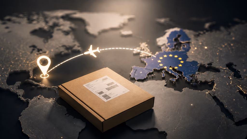 Versandpaket auf einer Weltkarte mit Flugroute aus der Europäischen Union in ein Land außerhalb der EU.