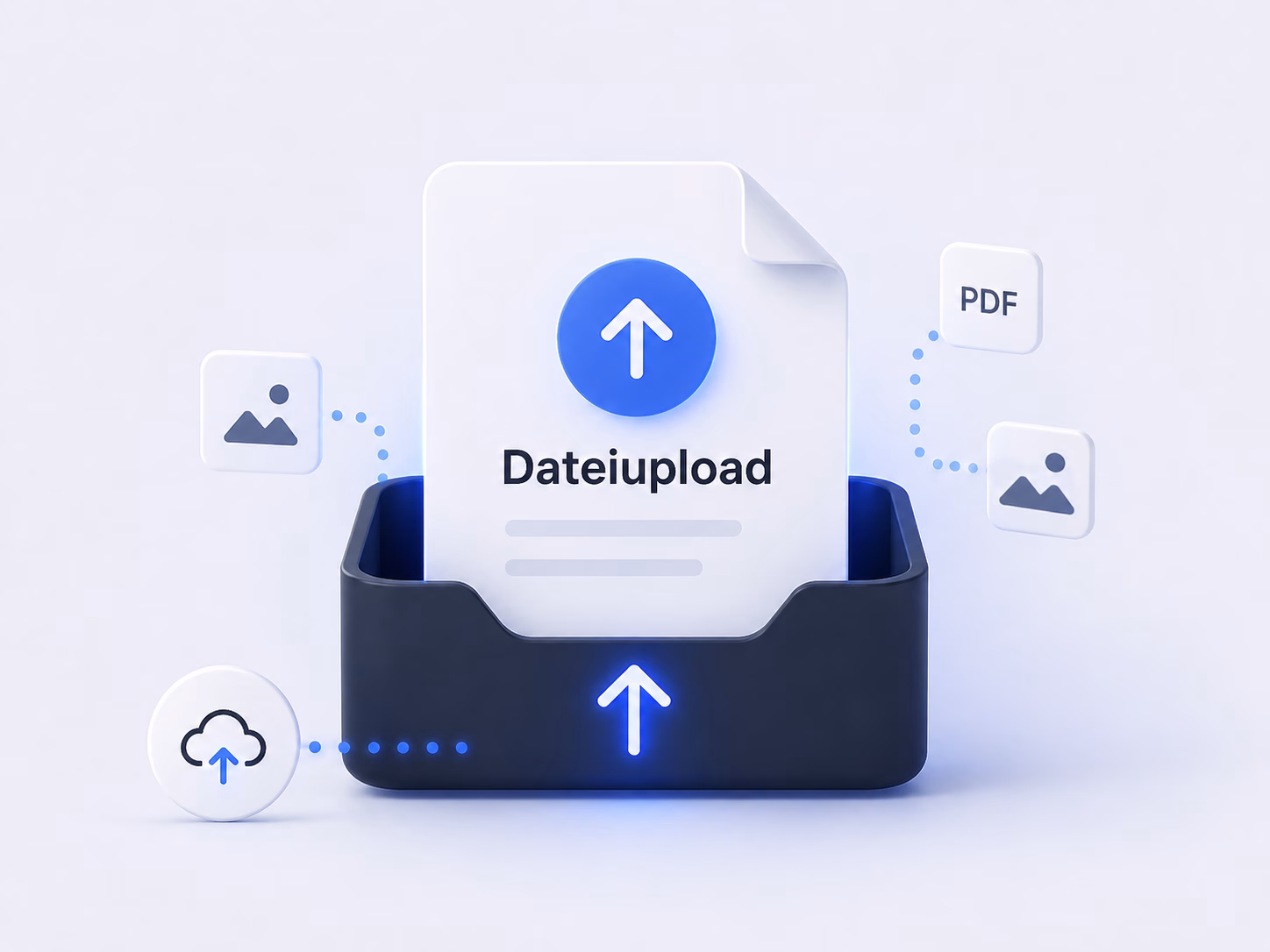 Illustration zum Upload von Bilddateien mit Upload-Symbol und mehreren Bilddatei Symbolen