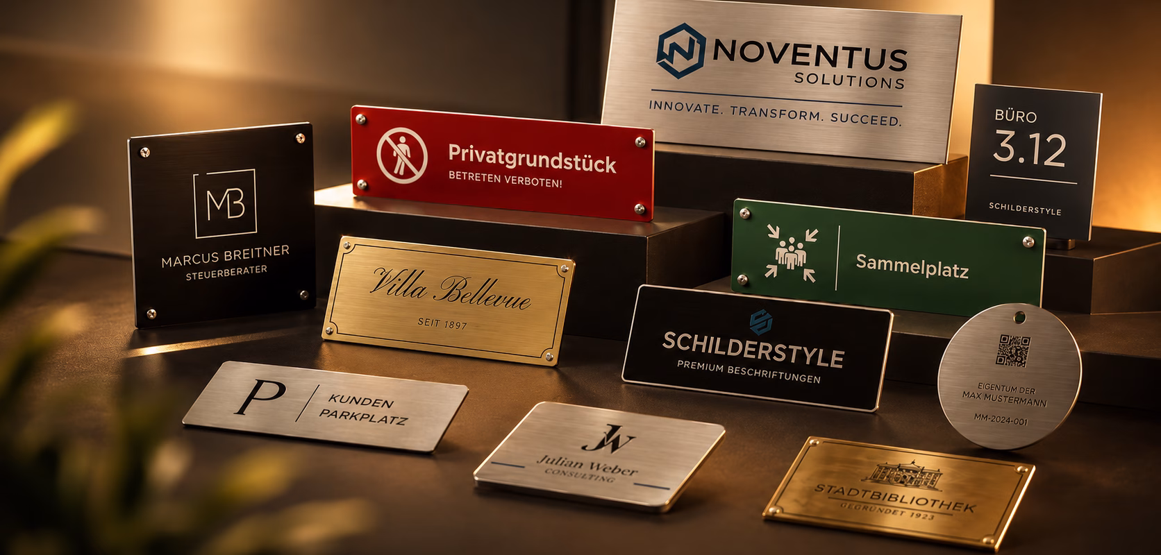 Auswahl individuell gestalteter Firmen-, Hinweis- und Türschilder in verschiedenen Materialien und Farben. Informationen der angebotenen Produkten