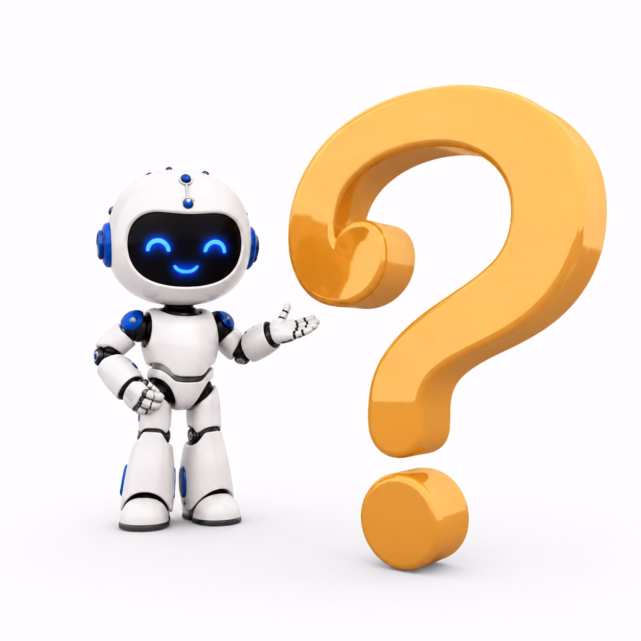 Freundlicher weiß-blauer Roboter neben einem großen orangefarbenen Fragezeichen als Symbol für häufig gestellte Fragen (FAQ, AGB),
