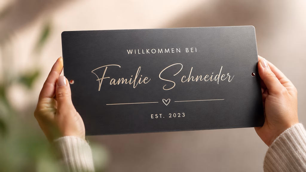 Fertiges schwarzes Familienschild mit der Aufschrift "Willkommen bei Familie Schneider" wird in beiden Händen gehalten.